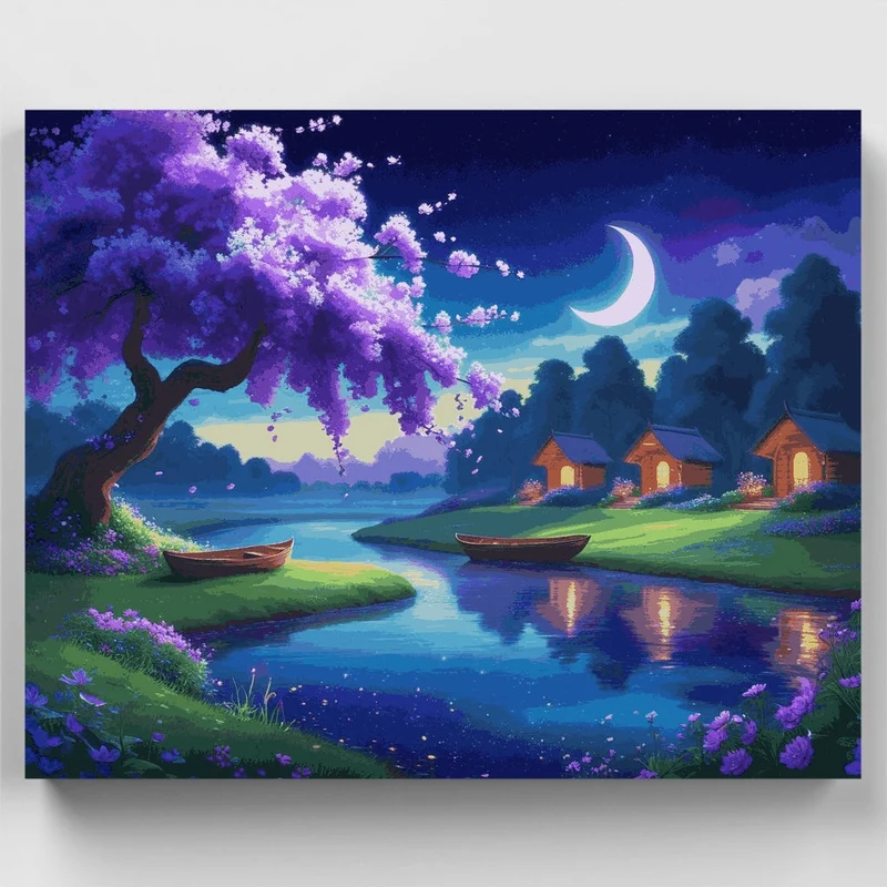 Moonlit Lakeside Cottages - Paint by Numbers Kit