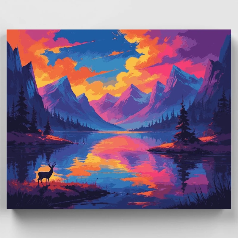 Vibrant Mountain Lake Deer - Paint by Numbers Kit