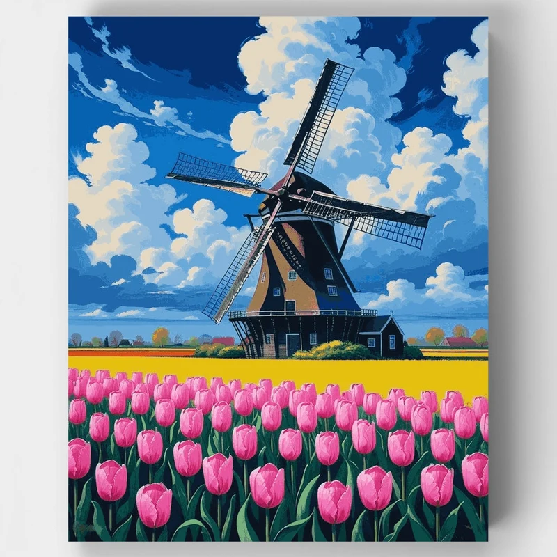 Dutch Windmill with Tulip Fields - Paint by Numbers Kit