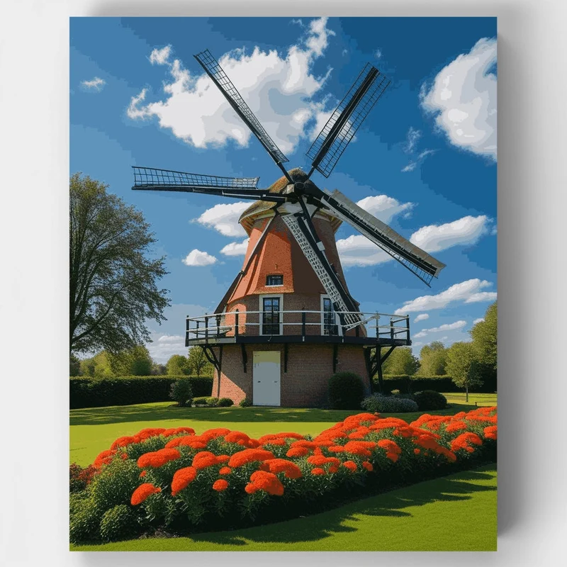 Traditional Dutch Windmill with Vibrant Orange Flowers - Paint by Numbers Kit