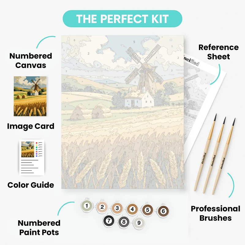 Golden Wheat Fields with Windmill - Paint by Numbers Kit