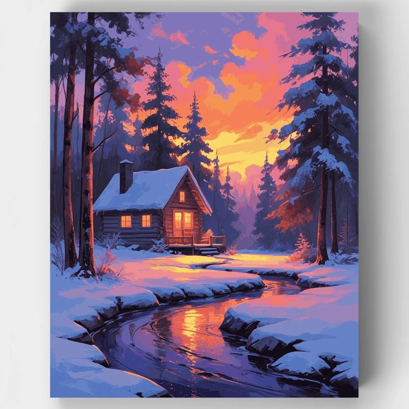 Snowy Cabin Sunset - Paint by Numbers Kit