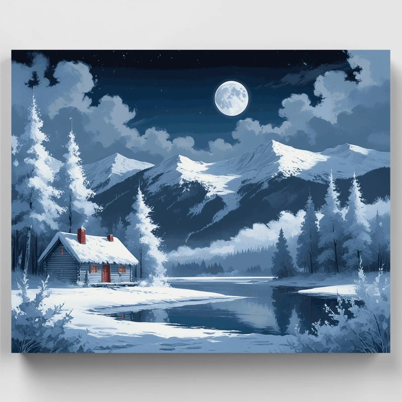 Winter Cabin Moonlight - Paint by Numbers Kit