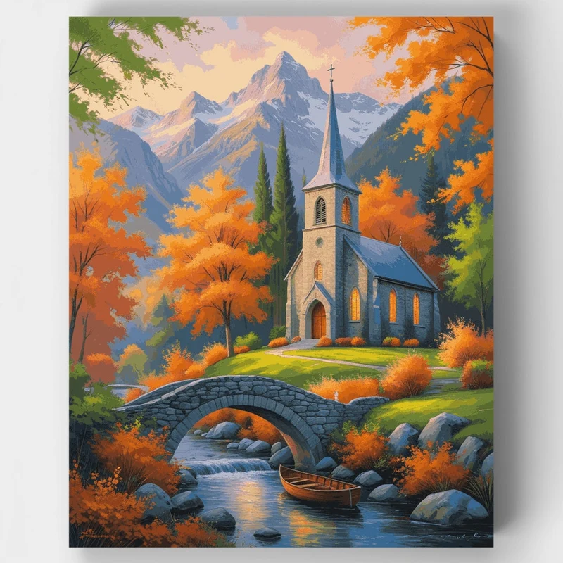 Mountain Church in Autumn - Paint by Numbers Kit