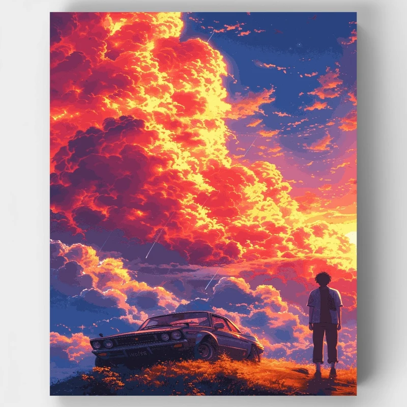 Sunset Silhouette with Vintage Car - Paint by Numbers Kit