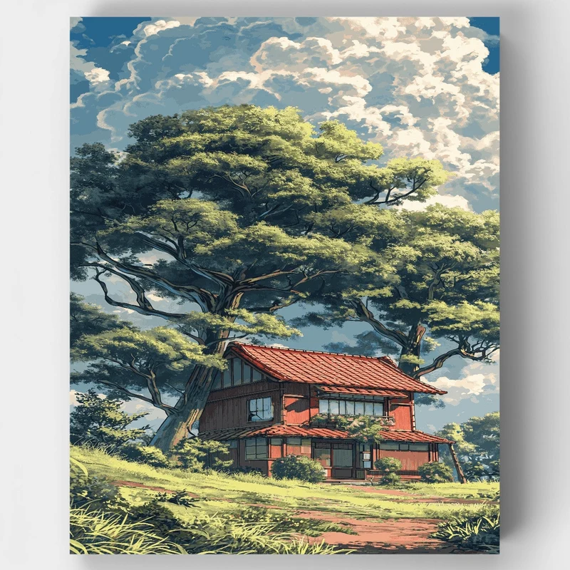 Traditional Japanese House Under Giant Tree - Paint by Numbers Kit