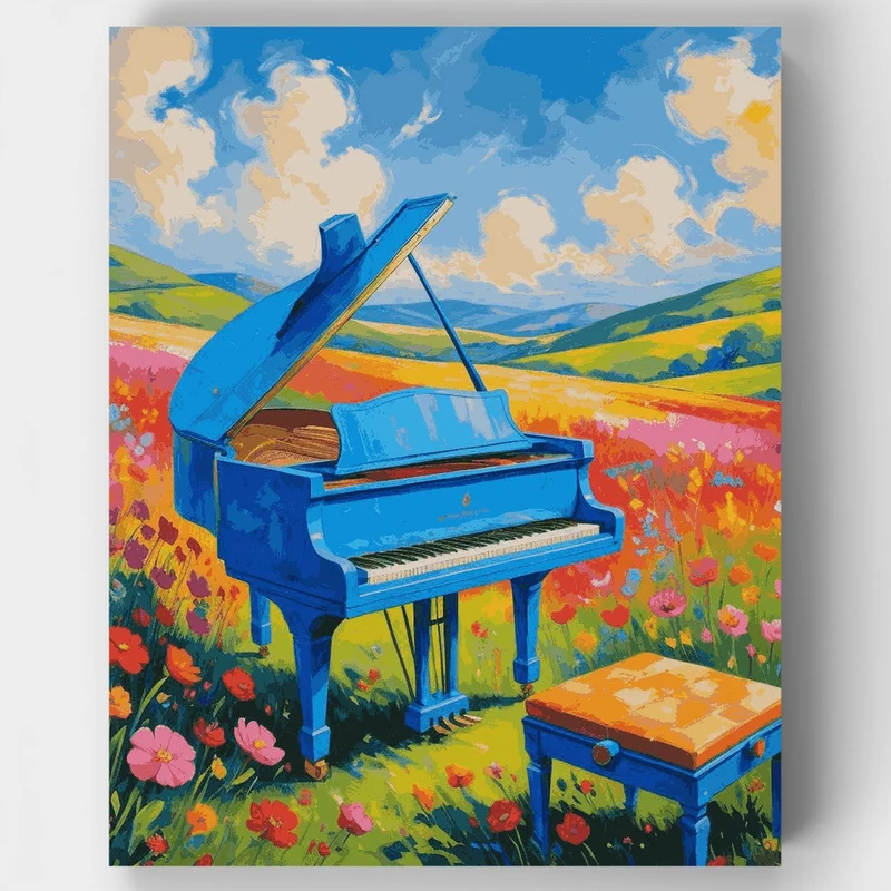 Blue Piano in Wildflower Field - Paint by Numbers Kit