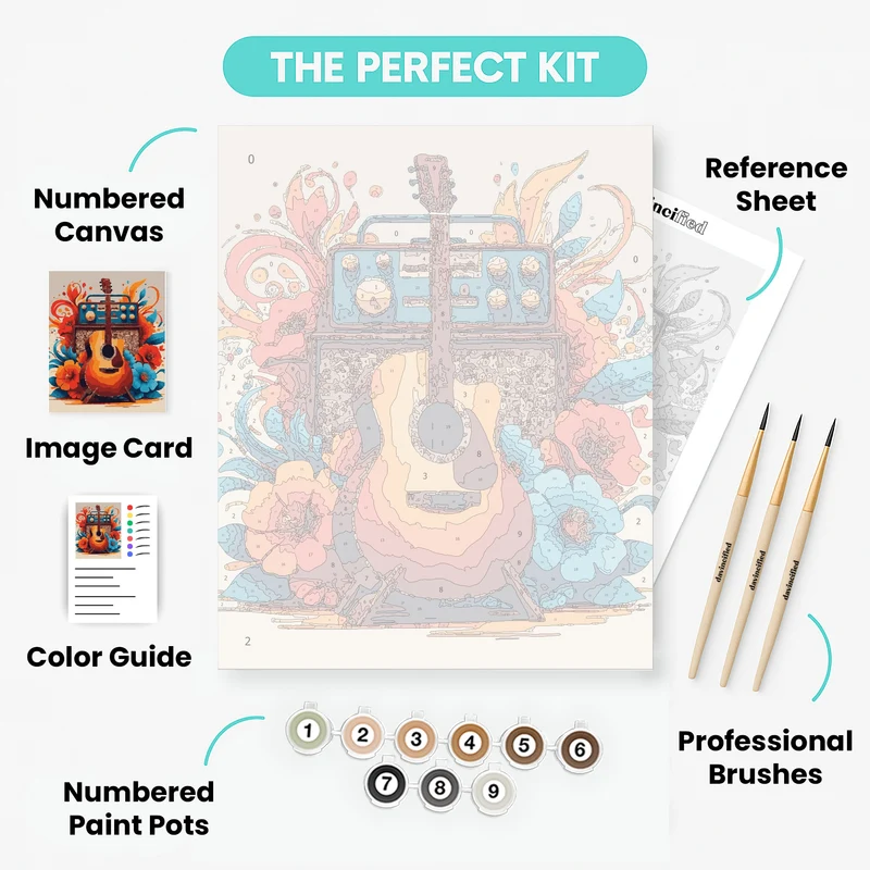 Vintage Guitar and Radio with Tropical Flowers - Paint by Numbers Kit