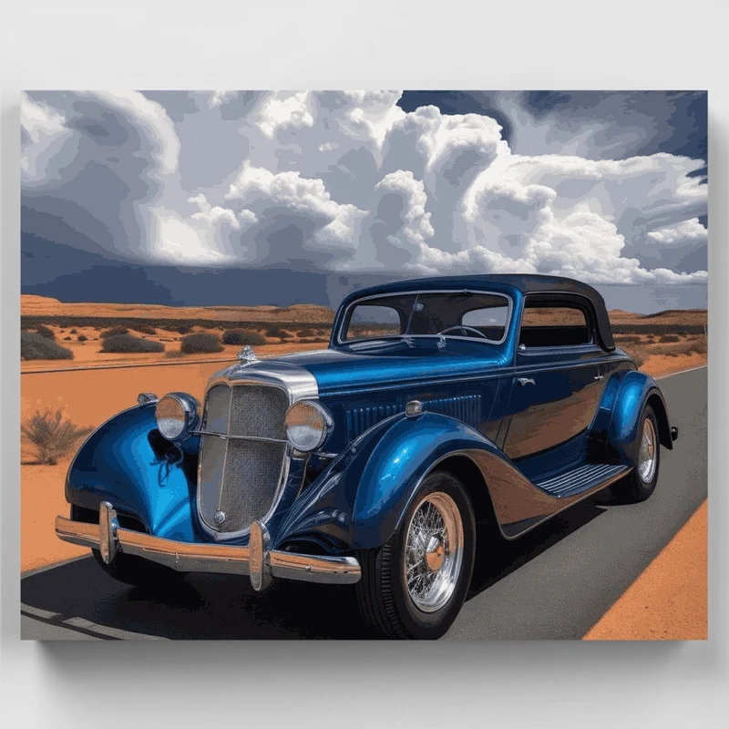 Classic Blue Vintage Car in Desert - Paint by Numbers Kit