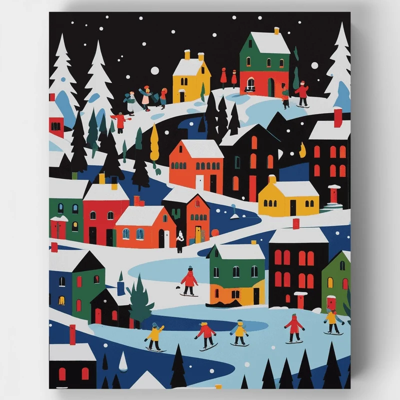 Colorful Winter Village Skaters - Paint by Numbers Kit