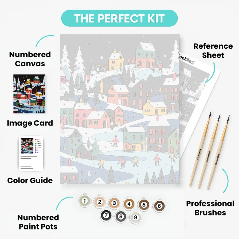 Colorful Winter Village Skaters - Paint by Numbers Kit