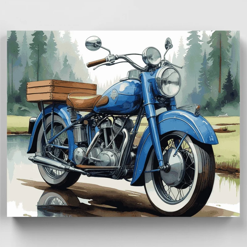 Classic Blue Motorcycle in Pine Forest - Paint by Numbers Kit
