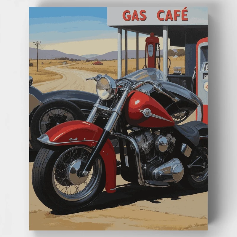 Route 66 Gas Café Motorcycle - Paint by Numbers Kit