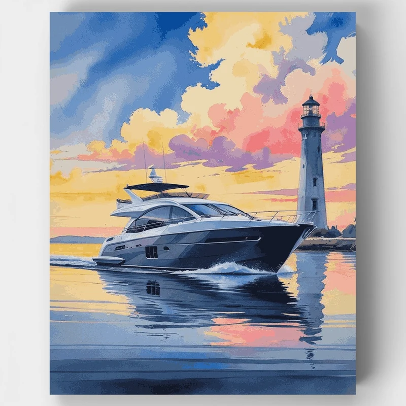 Luxury Yacht Lighthouse Sunset - Paint by Numbers Kit