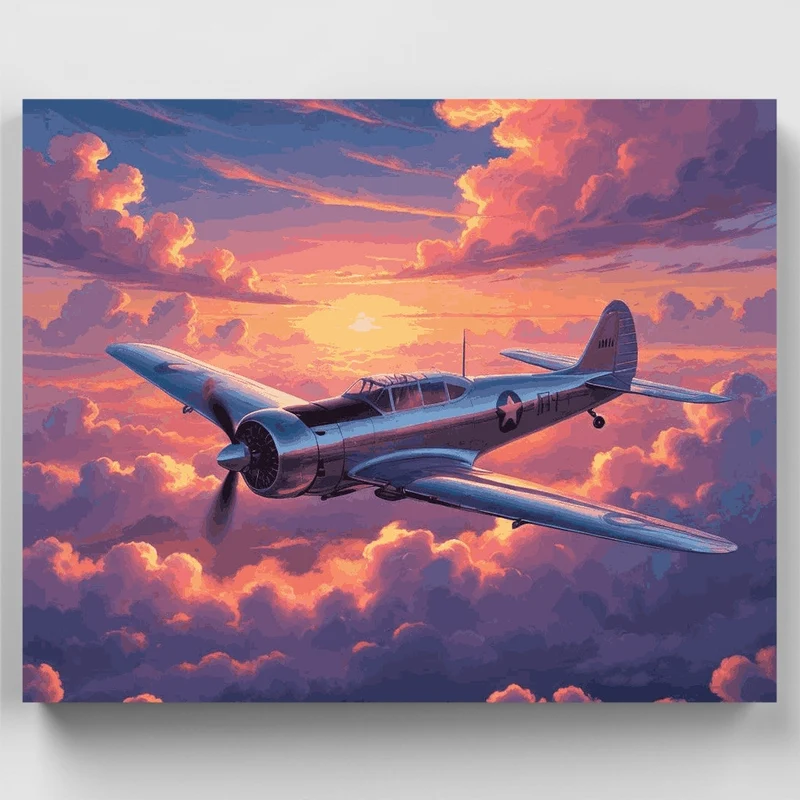 Vintage Military Aircraft at Sunset - Paint by Numbers Kit