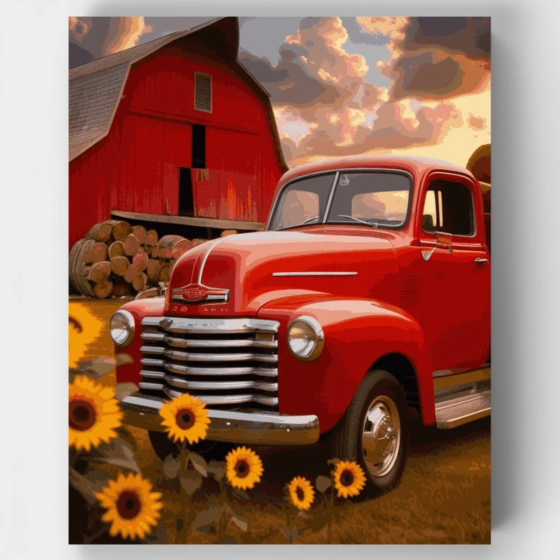 Vintage Red Truck and Sunflowers - Paint by Numbers Kit