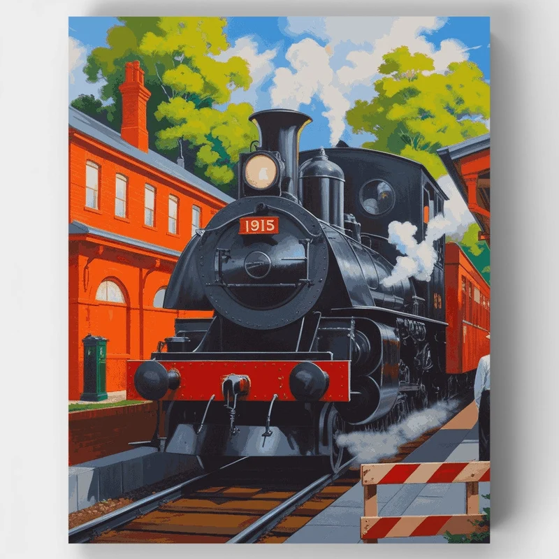 Steam Train at Red Station 1915 - Paint by Numbers Kit