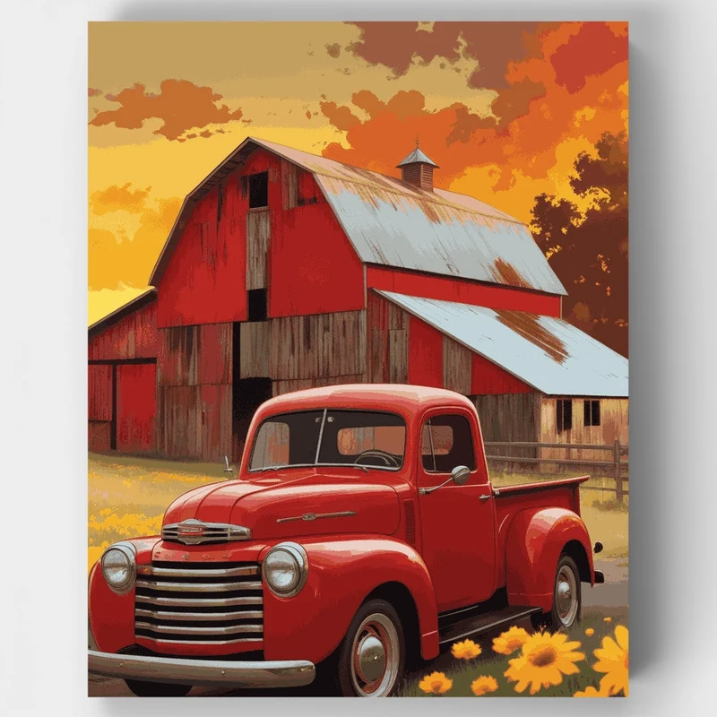 Red Barn and Vintage Truck at Sunset - Paint by Numbers Kit