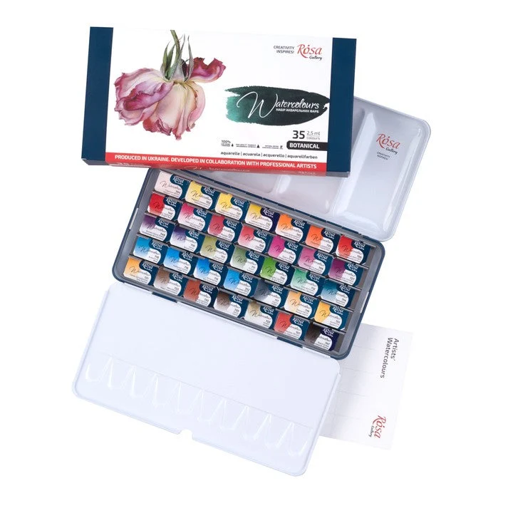 Σετ ακουαρέλας "Botanical" ROSA GALLERY, μεταλλική κασετίνα, 35 χρώματα, ολόκληρα godets