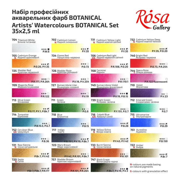 Set di acquerelli "Botanical" ROSA GALLERY, astuccio in metallo, 35 colori, godet interi