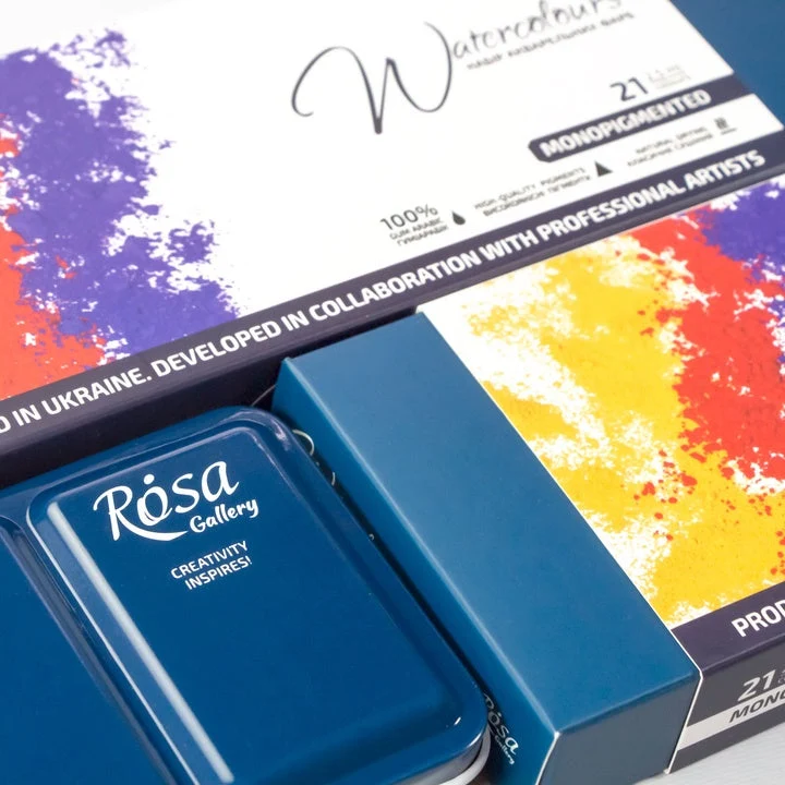 Komplet akvarelnih barv "Monopigmented" ROSA GALLERY, kovinski etui, Indigo, 21 barv, polne posodice