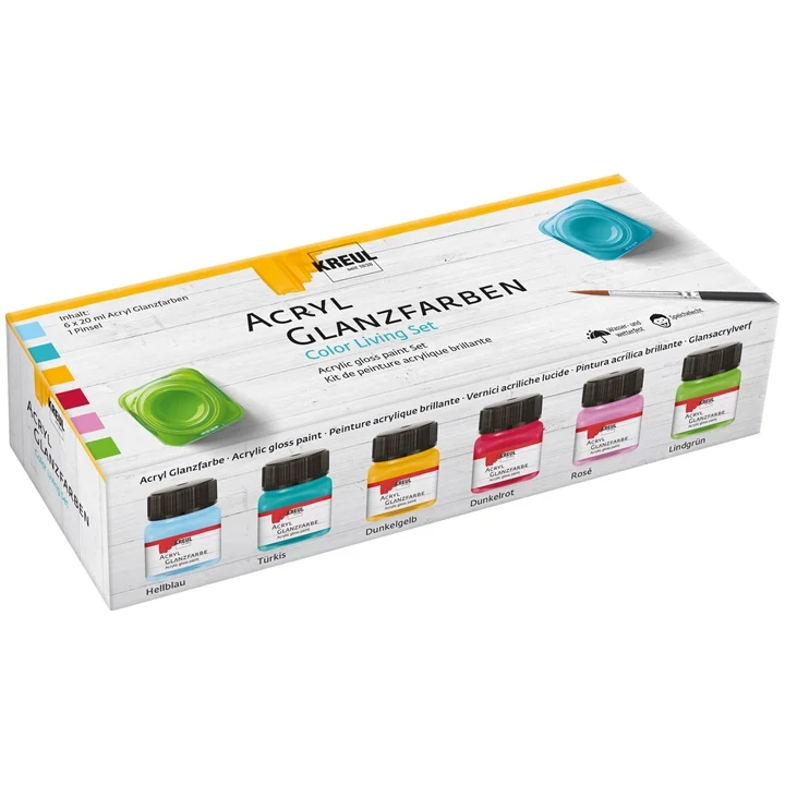 Комплект гланцови акрилни бои KREUL 6 x 20 ml + четка