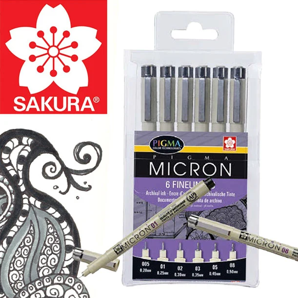 Комплект флумастери за техническо чертане SAKURA Pigma Micron - 6 броя