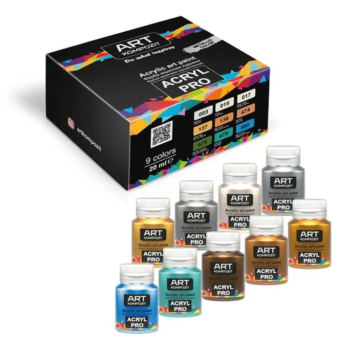 Комплект акрилни бои с металик ACRYL PRO Kompozit 9x20 ml