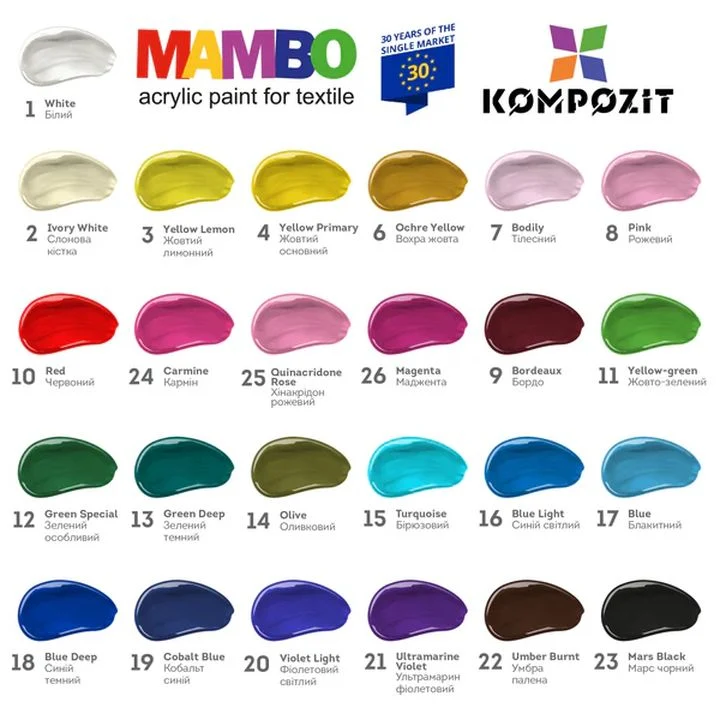 Комплект акрилни бои MAMBO за текстил и кожа