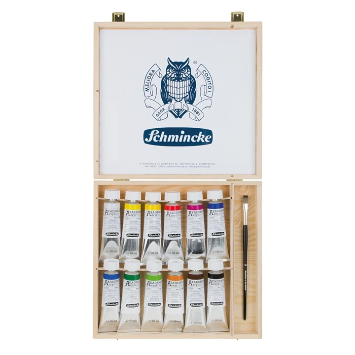 Комплект акрилни бои и четка в дървена кутия Schmincke AKADEMIE 12 x 60 ml