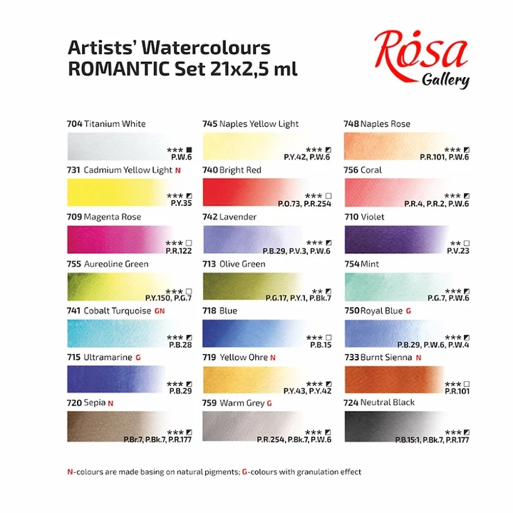 Акварелни бои Rosa Gallery - комплект Romantic 21 x 2,5 ml
