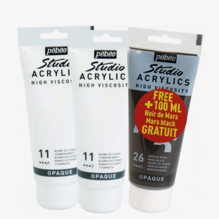 Акрилни бои Pebeo Studio Acrylic - комплект бяла и черна 3 x 100 ml