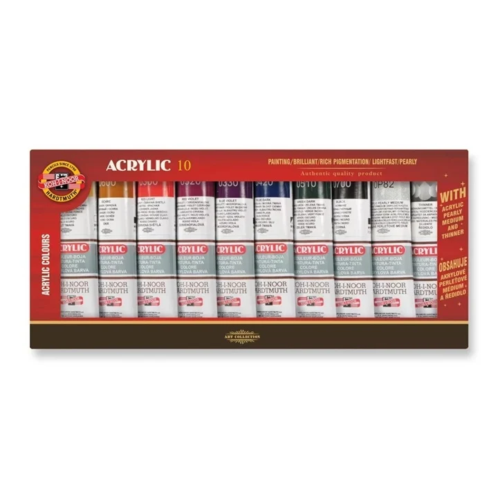KOH‑I‑NOOR Acrylic 10 – sada akrylových farieb s médiom a riedidlom