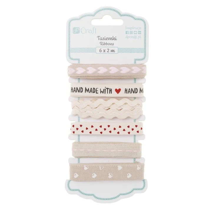 Bavlnené stuhy „Handmade with Love“ – sada 6 ks x 2 m
