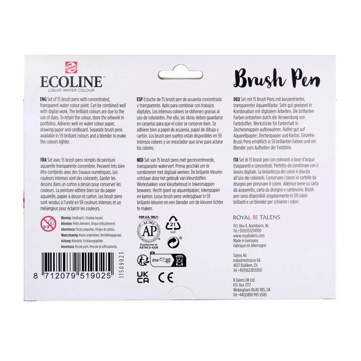 Akvarelové perá Ecoline Brush Pen 15 ks