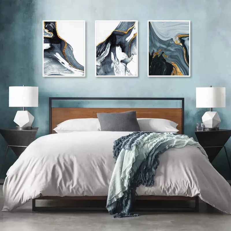 Abstrakte Kunstdrucke Poster Blau Gold Schwarz Weiß 30x40 cm