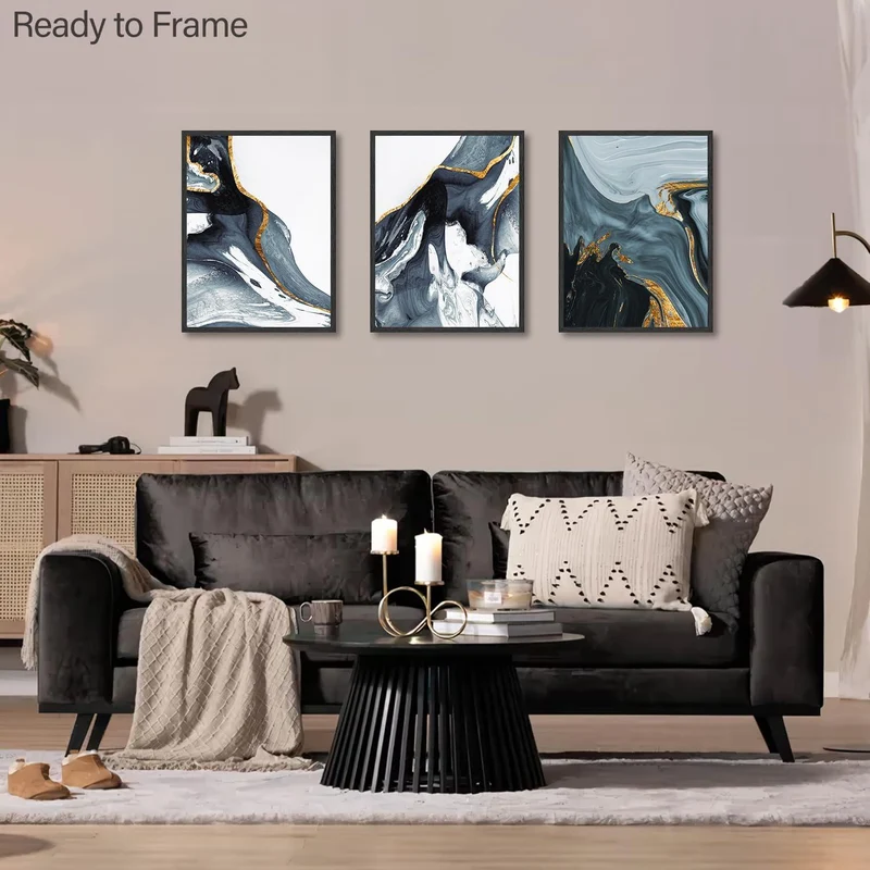 Abstrakte Kunstdrucke Poster Blau Gold Schwarz Weiß 30x40 cm