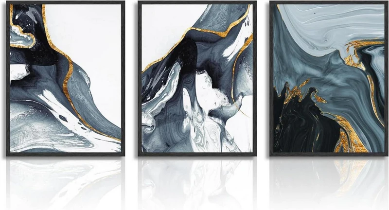 Abstrakte Kunstdrucke Poster Blau Gold Schwarz Weiß 30x40 cm