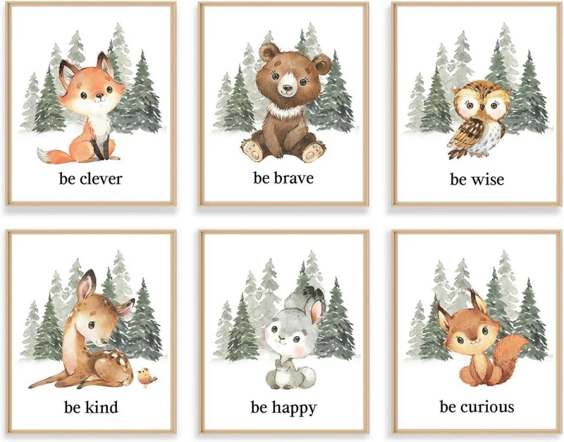 6er-Set Kinderzimmer Tiere Leinwand Bilder Wald Hirsch Bär