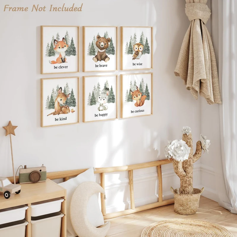 6er-Set Kinderzimmer Tiere Leinwand Bilder Wald Hirsch Bär