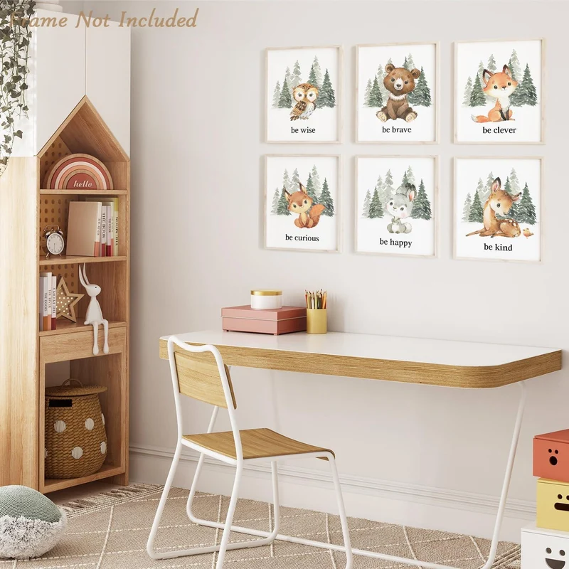 6er-Set Kinderzimmer Tiere Leinwand Bilder Wald Hirsch Bär