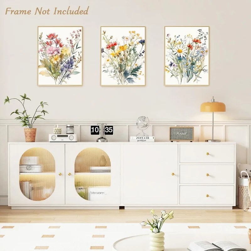 Aquarell Blumen Wandbilder Set 3 Stück, Wildblumen Leinwand