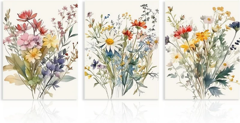 Aquarell Blumen Wandbilder Set 3 Stück, Wildblumen Leinwand