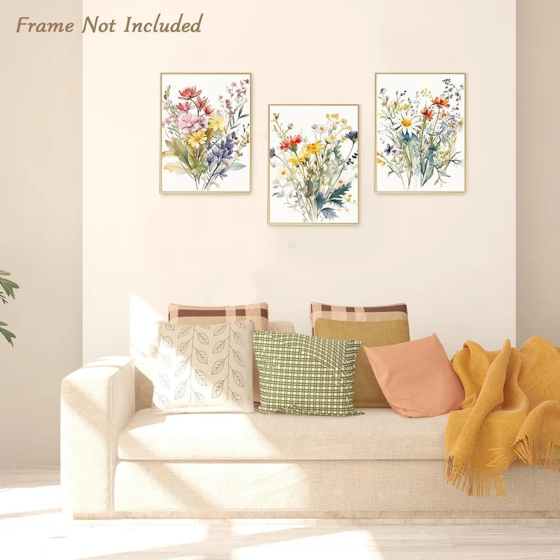Aquarell Blumen Wandbilder Set 3 Stück, Wildblumen Leinwand