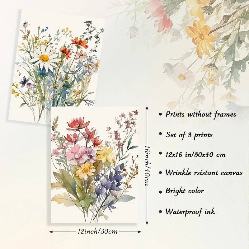 Aquarell Blumen Wandbilder Set 3 Stück, Wildblumen Leinwand