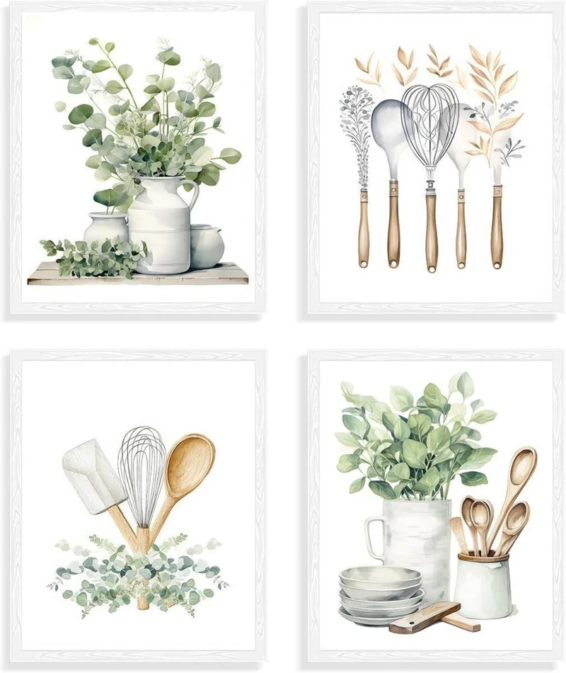 Botanische Küche Wandbilder 4er Set Salbei Grün Eukalyptus