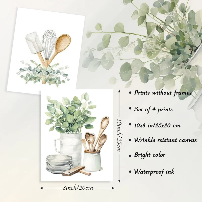 Botanische Küche Wandbilder 4er Set Salbei Grün Eukalyptus
