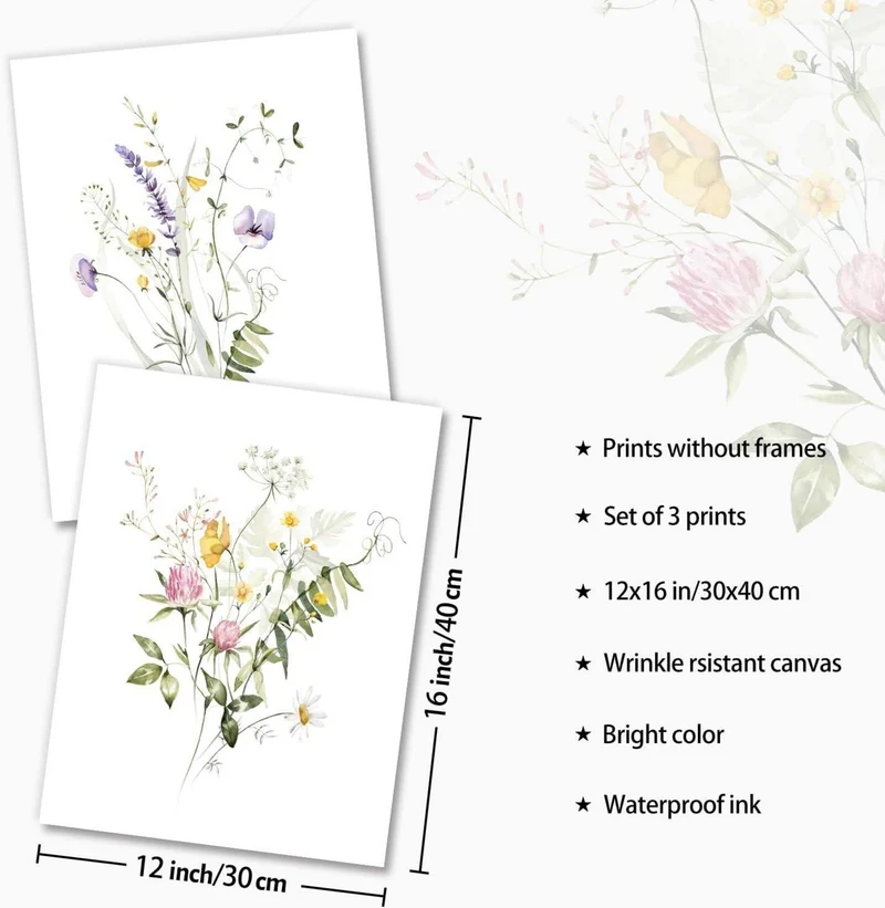 NymphFable Wildflower Watercolor Floral Poster Set 12x16