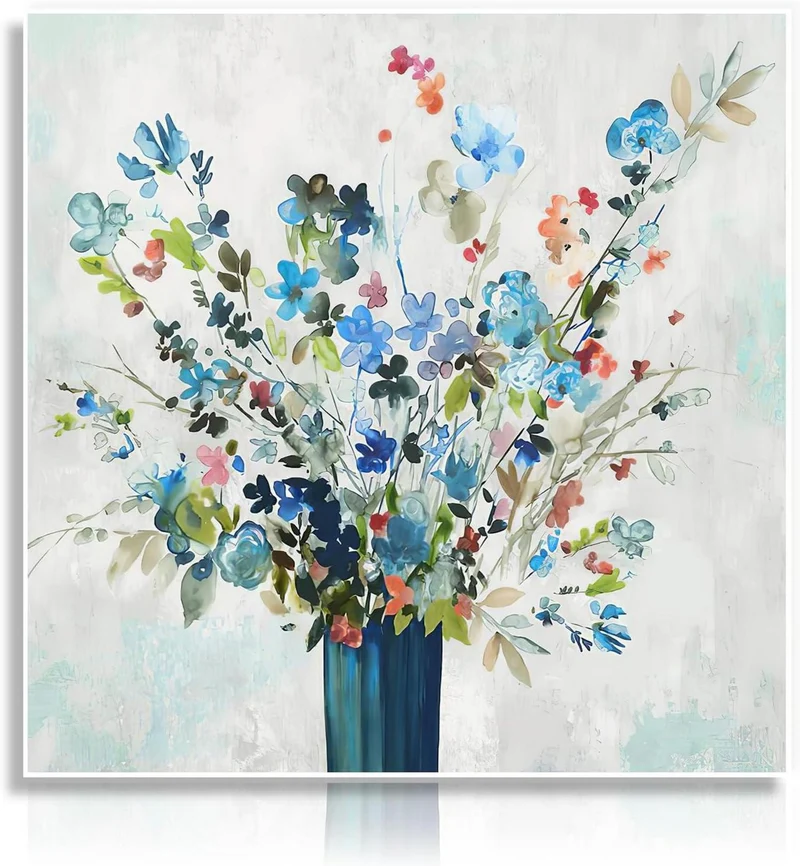 Aquarell Blume Leinwand Bild blaue Vase Malerei 16x16
