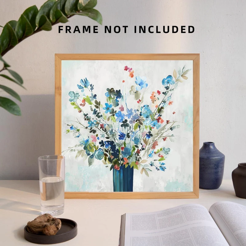 Aquarell Blume Leinwand Bild blaue Vase Malerei 16x16